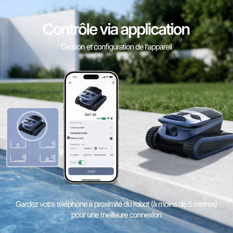 Robot Piscine Sans Fil SAT 40 - Fond, Parois et Ligne d'Eau - 300m²